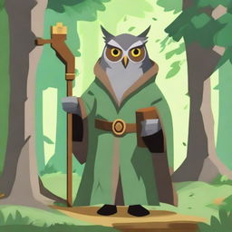 Generate an image in the style of a video game, featuring an old owl-folk druid