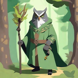 Generate an image in the style of a video game, featuring an old owl-folk druid