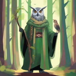 Generate a painted-style image of an old owl-folk druid