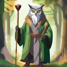 Generate a painted-style image of an old owl-folk druid