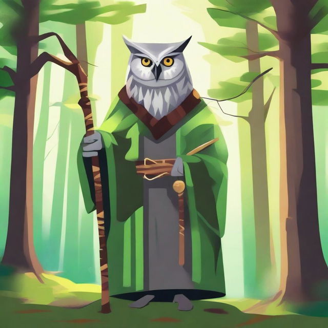 Generate a painted-style image of an old owl-folk druid