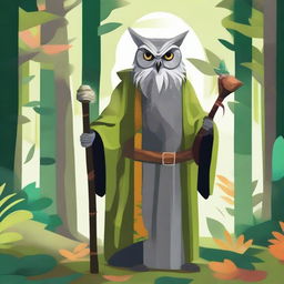 Generate a painted-style image of an old owl-folk druid