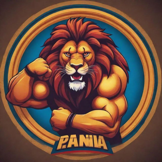 A vibrant animated logo featuring a powerful lion-beast with massive arms showcasing its strength for a Panja (Indian arm wrestling) league, set on an engaging and lively background.