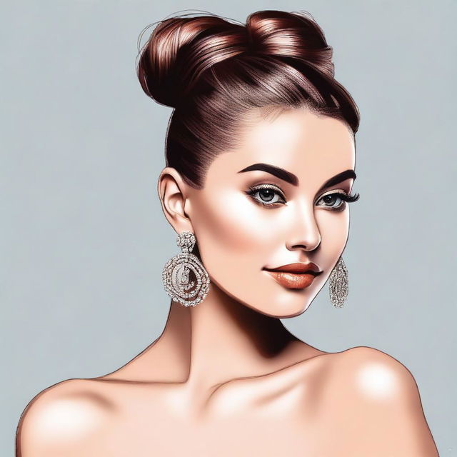 Generate an image of a beautiful woman with an attractive face, hair styled in a bun, wearing earrings