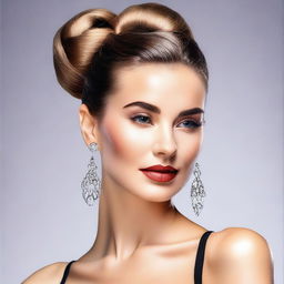 Generate an image of a beautiful woman with an attractive face, hair styled in a bun, wearing earrings