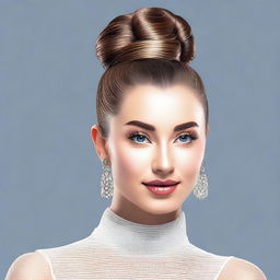 Generate an image of a beautiful woman with an attractive face, hair styled in a bun, wearing earrings