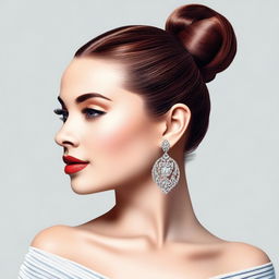 Generate an image of a beautiful woman with an attractive face, hair styled in a bun, wearing earrings