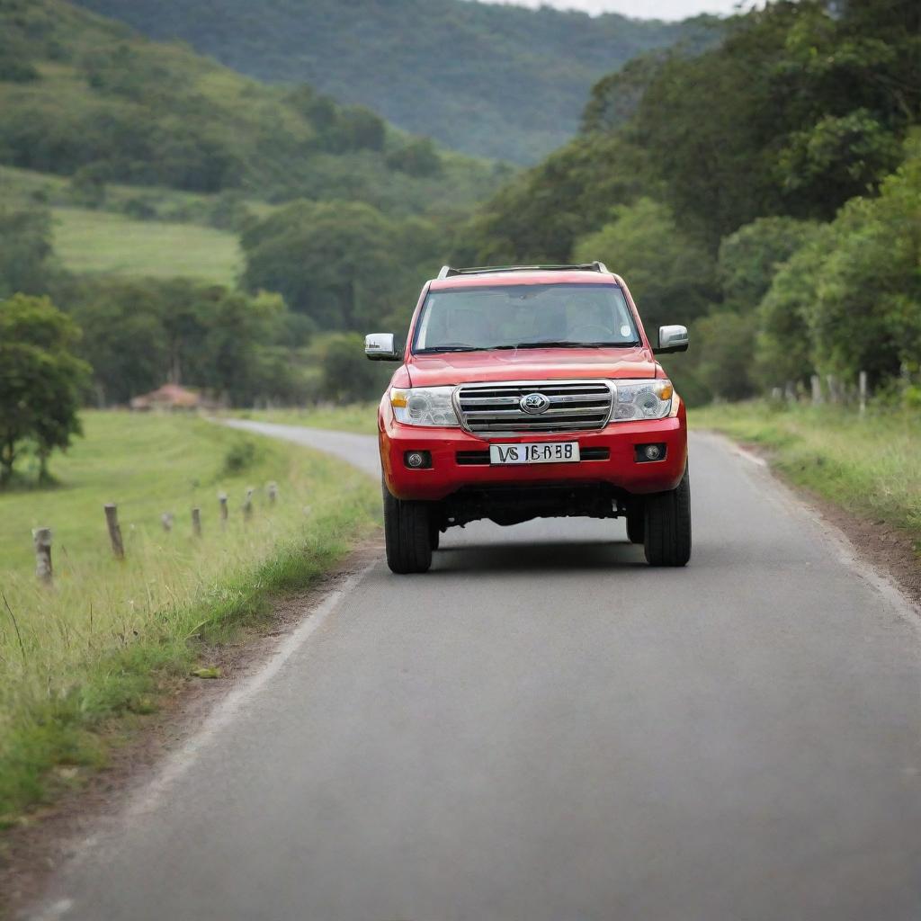 A vibrant red V8 Land Cruiser driving along a solitary road in a picturesque green village