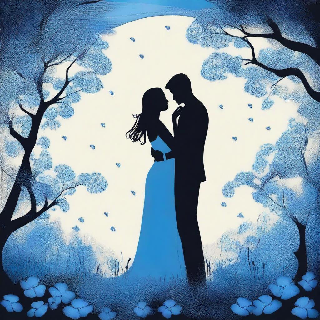 Create an image that captures the essence of a romantic scene, filled with shades of blue