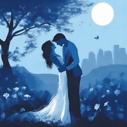 Create an image that captures the essence of a romantic scene, filled with shades of blue