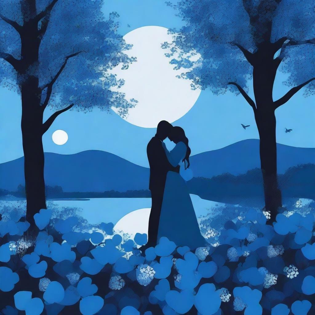 Create an image that captures the essence of a romantic scene, filled with shades of blue