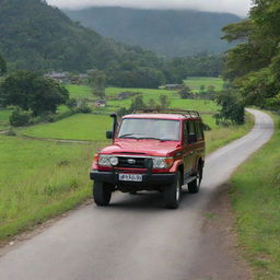 A vibrant red V8 Land Cruiser driving along a solitary road in a picturesque green village