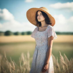 Generate an image of a girl standing in a field during daylight