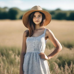 Generate an image of a girl standing in a field during daylight