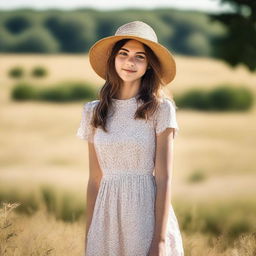 Generate an image of a girl standing in a field during daylight