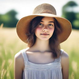 Generate an image of a girl standing in a field during daylight