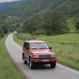 A vibrant red V8 Land Cruiser driving along a solitary road in a picturesque green village