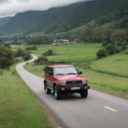 A vibrant red V8 Land Cruiser driving along a solitary road in a picturesque green village