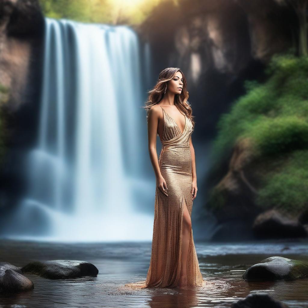 Create an image of a beautiful, sexy, and glamorous woman standing in front of a waterfall