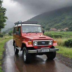 A cartoon-style red V8 Land Cruiser on a single road through a verdant village, with a focus on the front view of the vehicle. Rainy clouds are overhead.