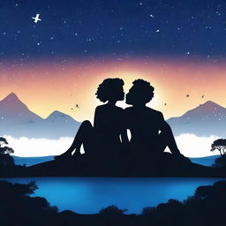 Generate an image of the silhouette of a black woman and a white man sitting on a hill on an island