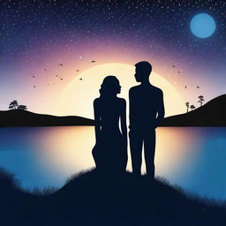 Generate an image of the silhouette of a black woman and a white man sitting on a hill on an island