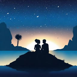 Generate an image of the silhouette of a black woman and a white man sitting on a hill on an island