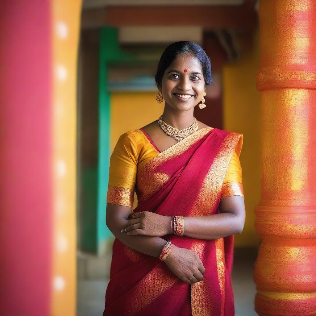 A South Indian woman, dressed in traditional attire with a warm and welcoming smile