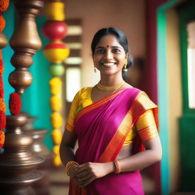 A South Indian woman, dressed in traditional attire with a warm and welcoming smile