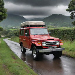 A cartoon-style red V8 Land Cruiser on a single road through a verdant village, with a focus on the front view of the vehicle. Rainy clouds are overhead.