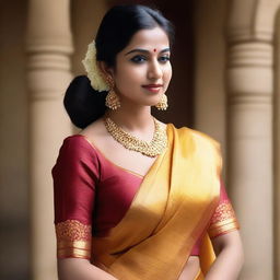 Generate an image of a South Indian wife wearing a traditional saree