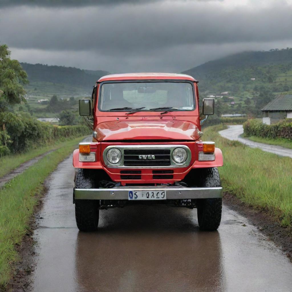 A cartoon-style red V8 Land Cruiser on a single road through a verdant village, with a focus on the front view of the vehicle. Rainy clouds are overhead.