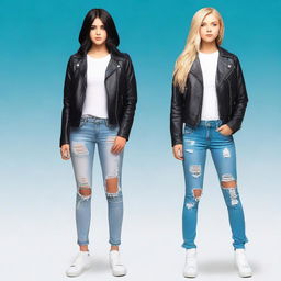 Create an image of a black-haired girl with hazel eyes wearing a black leather jacket, blue ripped jeans, and white shoes