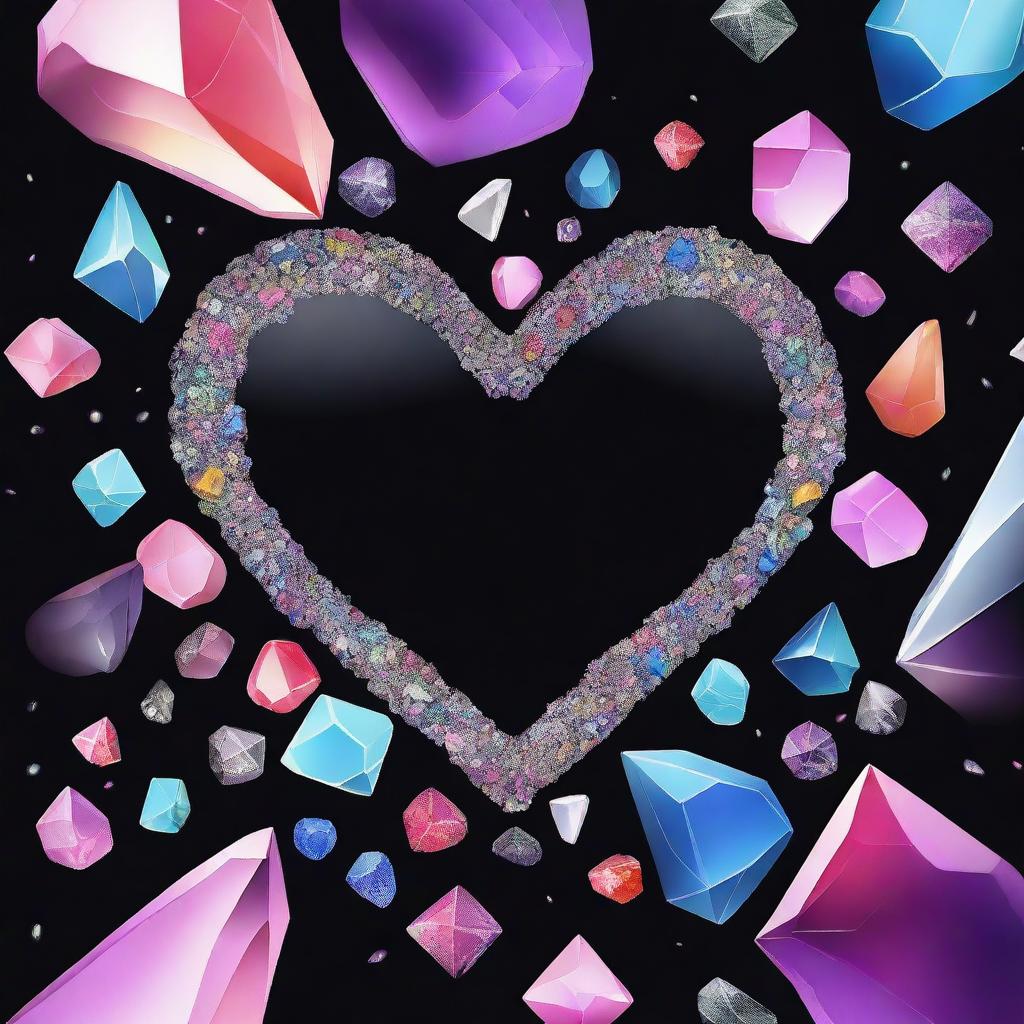 Create an image with a black background featuring various crystals scattered around