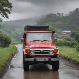 A cartoon-style red V8 Land Cruiser on a single road through a verdant village, with a focus on the front view of the vehicle. Rainy clouds are overhead.