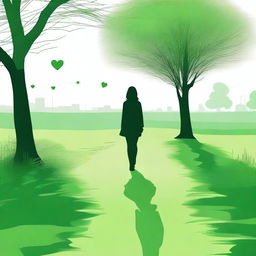 Generate an image of a serene green place where a girl is walking away