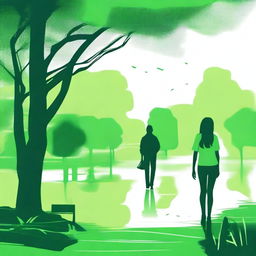 Generate an image of a serene green place where a girl is walking away