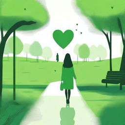 Generate an image of a serene green place where a girl is walking away