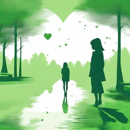 Generate an image of a serene green place where a girl is walking away