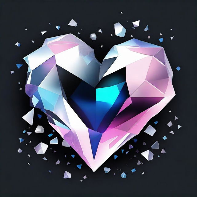 Create an image with a black background featuring small shattered crystals in white, blue, and light pink scattered around