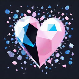 Create an image with a black background featuring small shattered crystals in white, blue, and light pink scattered around