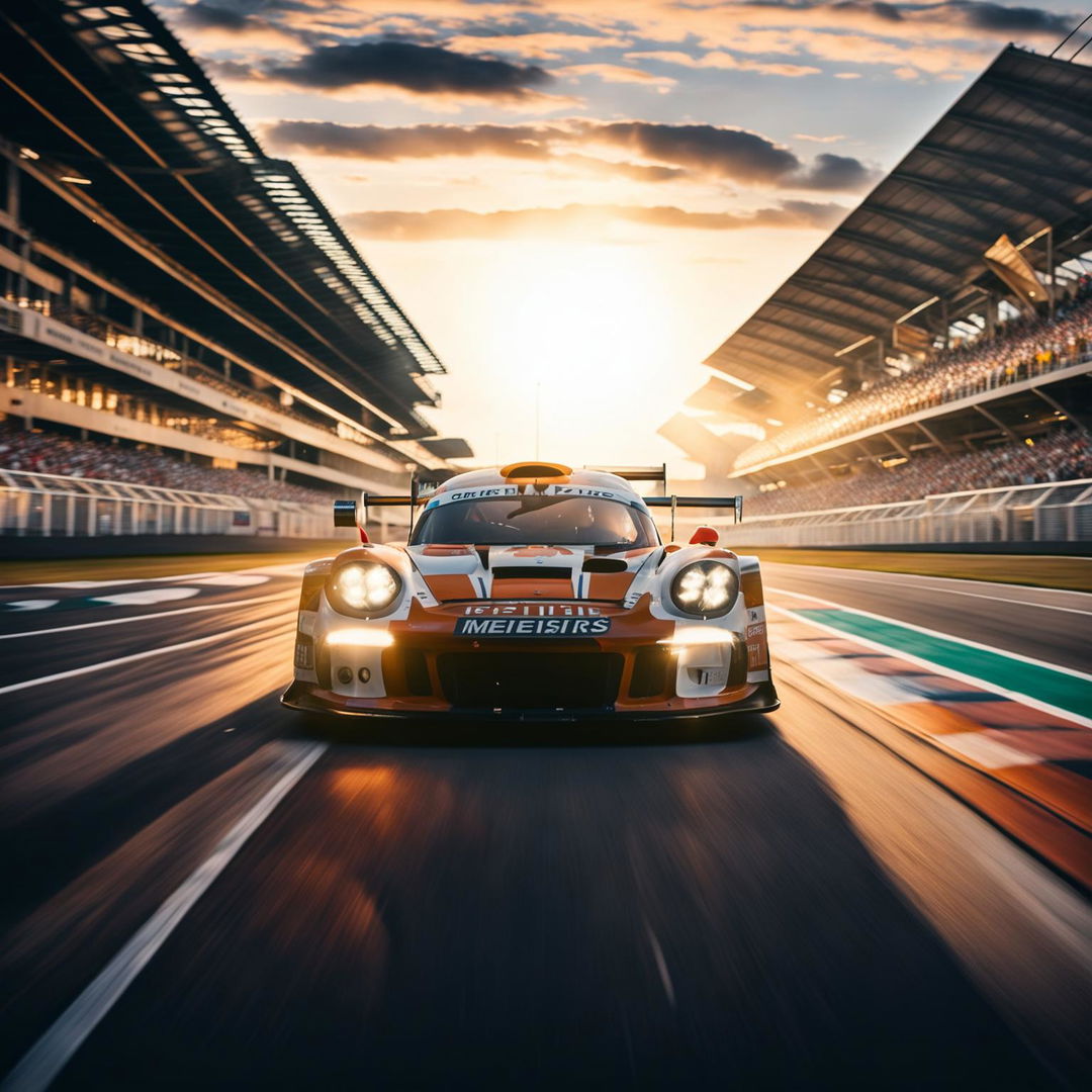 An image of a Porsche race car at the 24 Hours of Le Mans race, speeding on the track