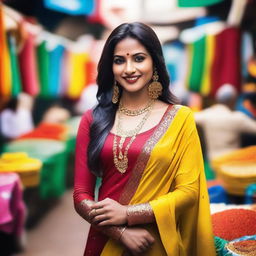 An attractive Indian woman, dressed in a traditional Indian attire, standing in a vibrant and colorful Indian market.