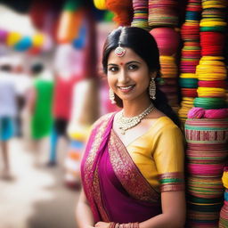 An attractive Indian woman, dressed in a traditional Indian attire, standing in a vibrant and colorful Indian market.