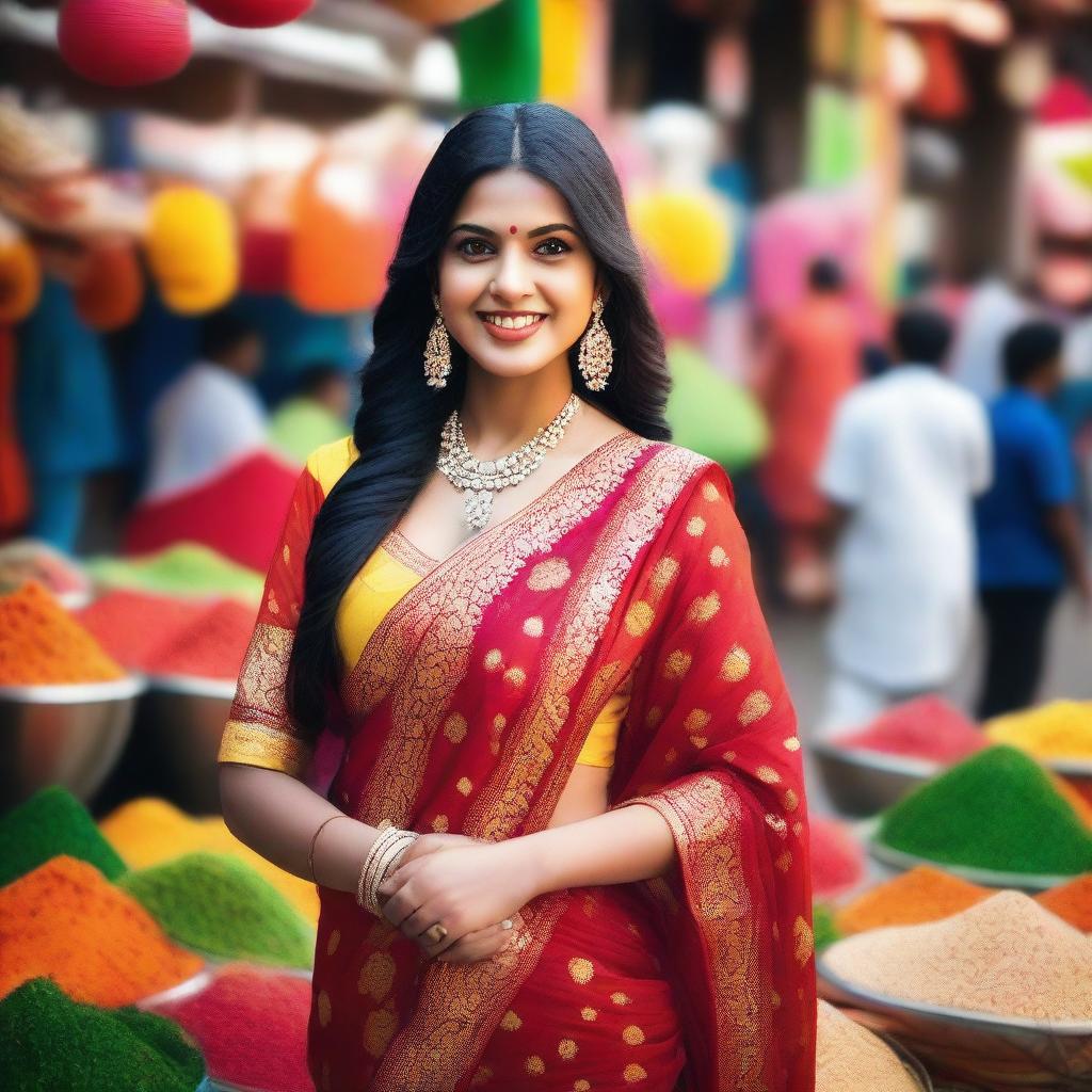 An attractive Indian woman, dressed in a traditional Indian attire, standing in a vibrant and colorful Indian market.