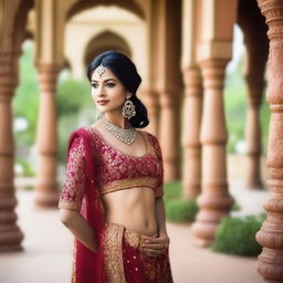 A beautiful Indian woman in traditional attire, standing in an exotic setting.