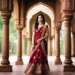 A beautiful Indian woman in traditional attire, standing in an exotic setting.