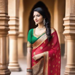 A beautiful Indian woman in traditional attire, standing in an exotic setting.