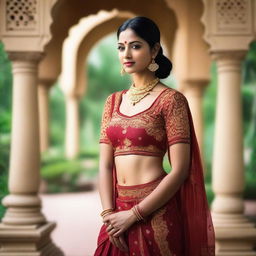 A beautiful Indian woman in traditional attire, standing in an exotic setting.