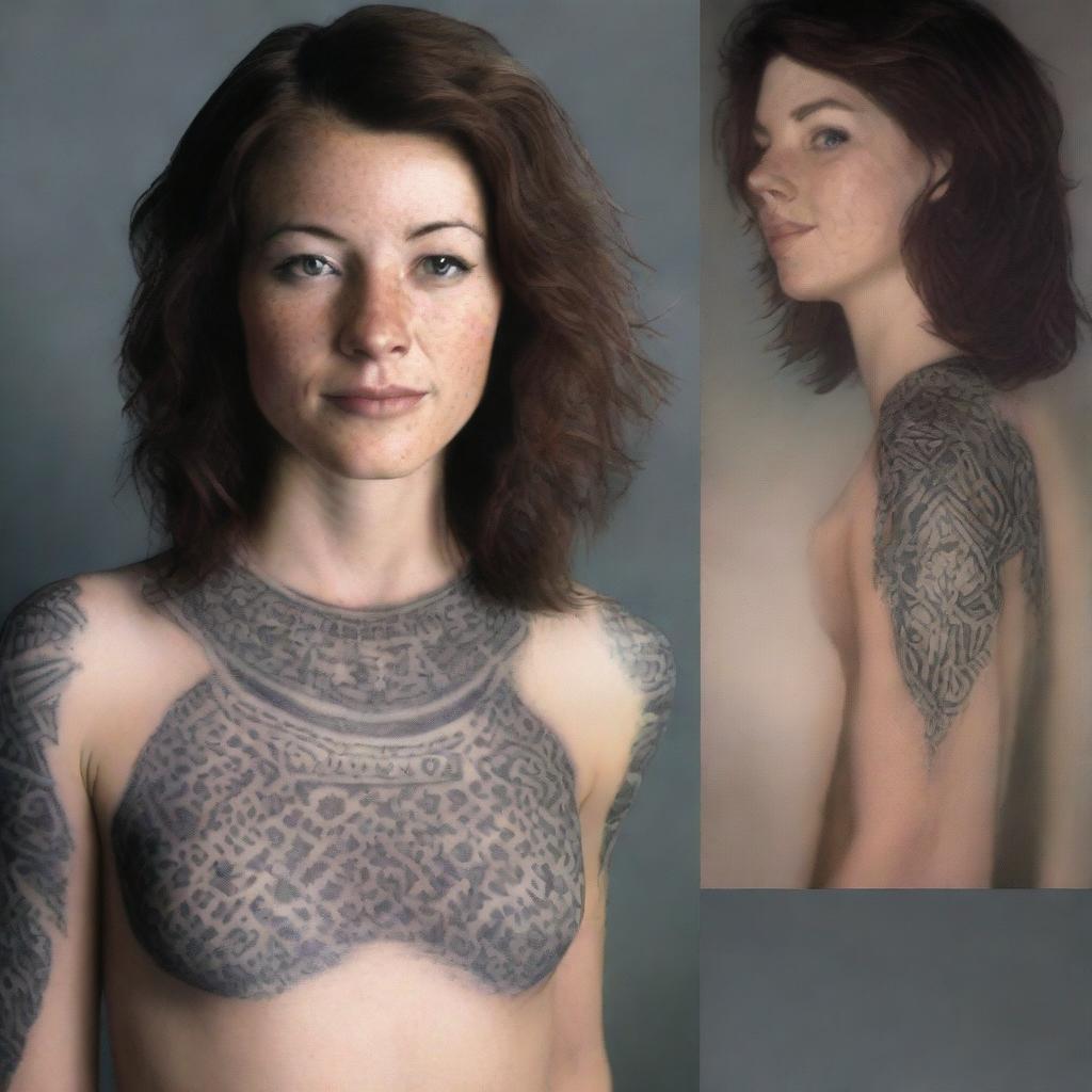 A photorealistic portrait of a woman with medium length hair, freckles, and a smirk